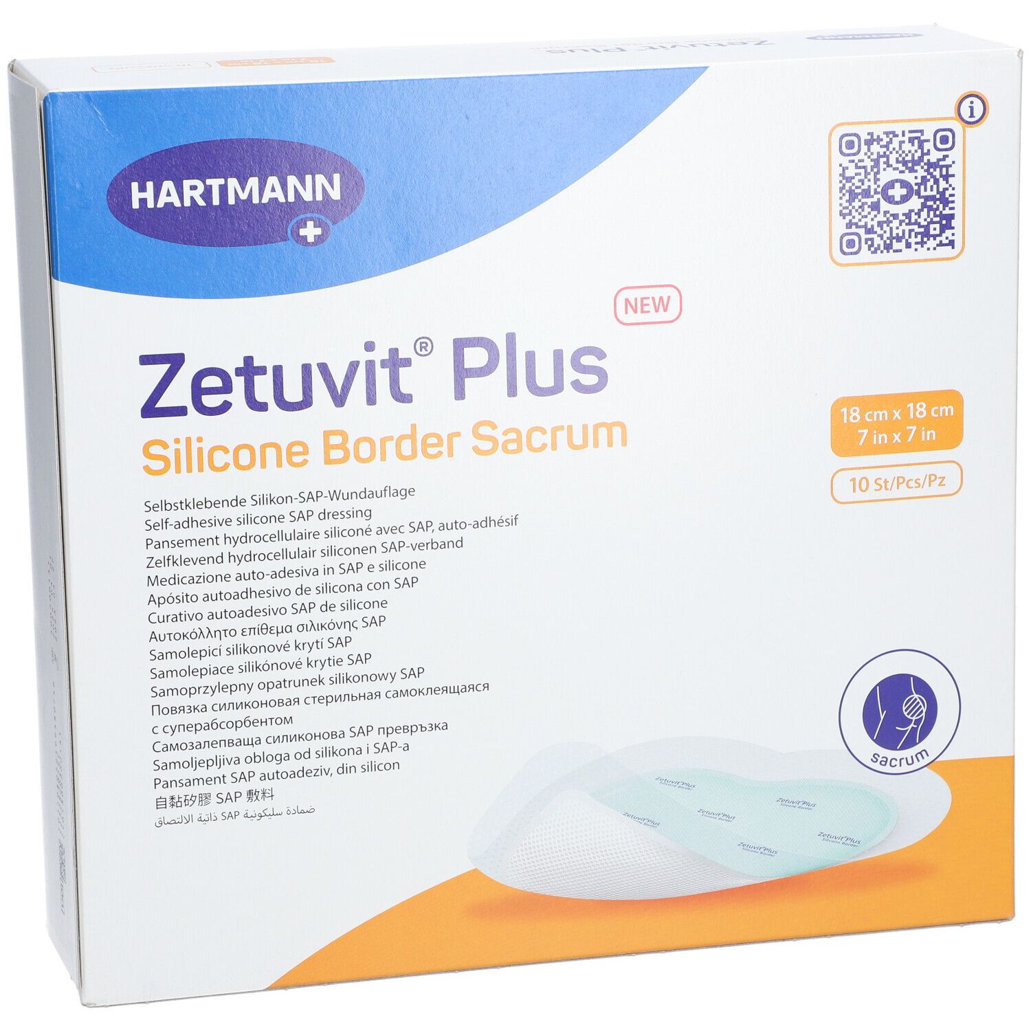 Verpackung von Hartmann Zetuvit® Plus. Aufdruck: Zetuvit® Plus Silicone Border Sacrum, 18 x 18 cm, 10 Stück.