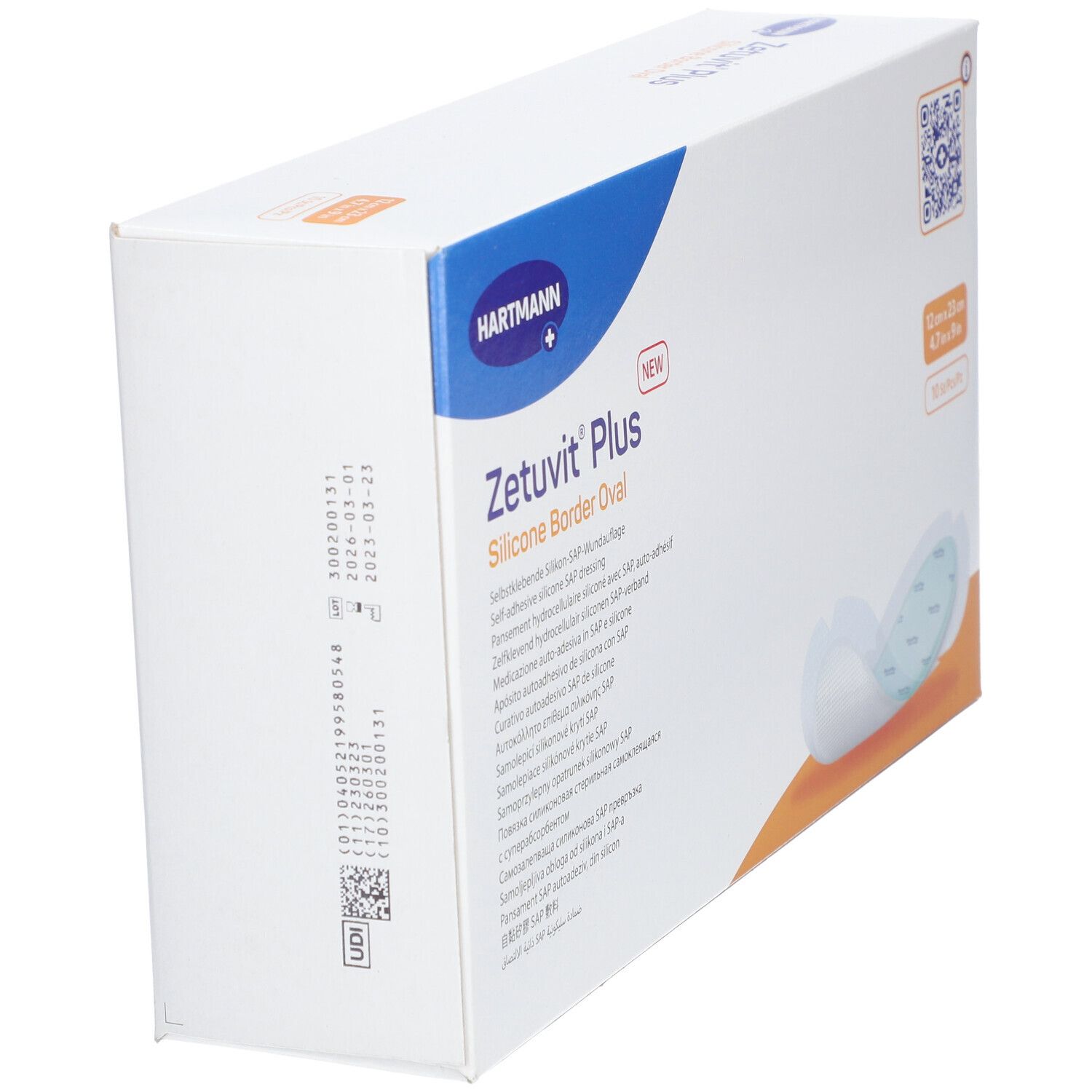 Schrägansicht der Verpackung von Zetuvit® Plus Silicone Border Oval. Marke Hartmann. Enthält 10 Stück.