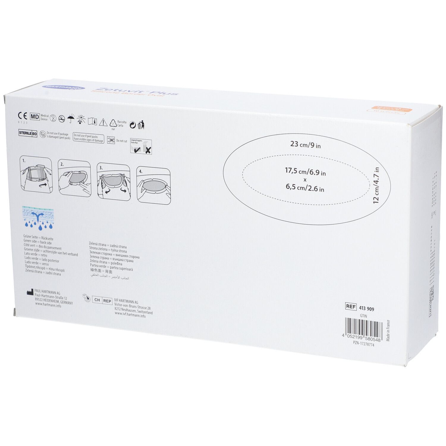 Rückseite der Verpackung von Zetuvit® Plus Silicone Border Oval. Enthält Größenangaben und Piktogramme.