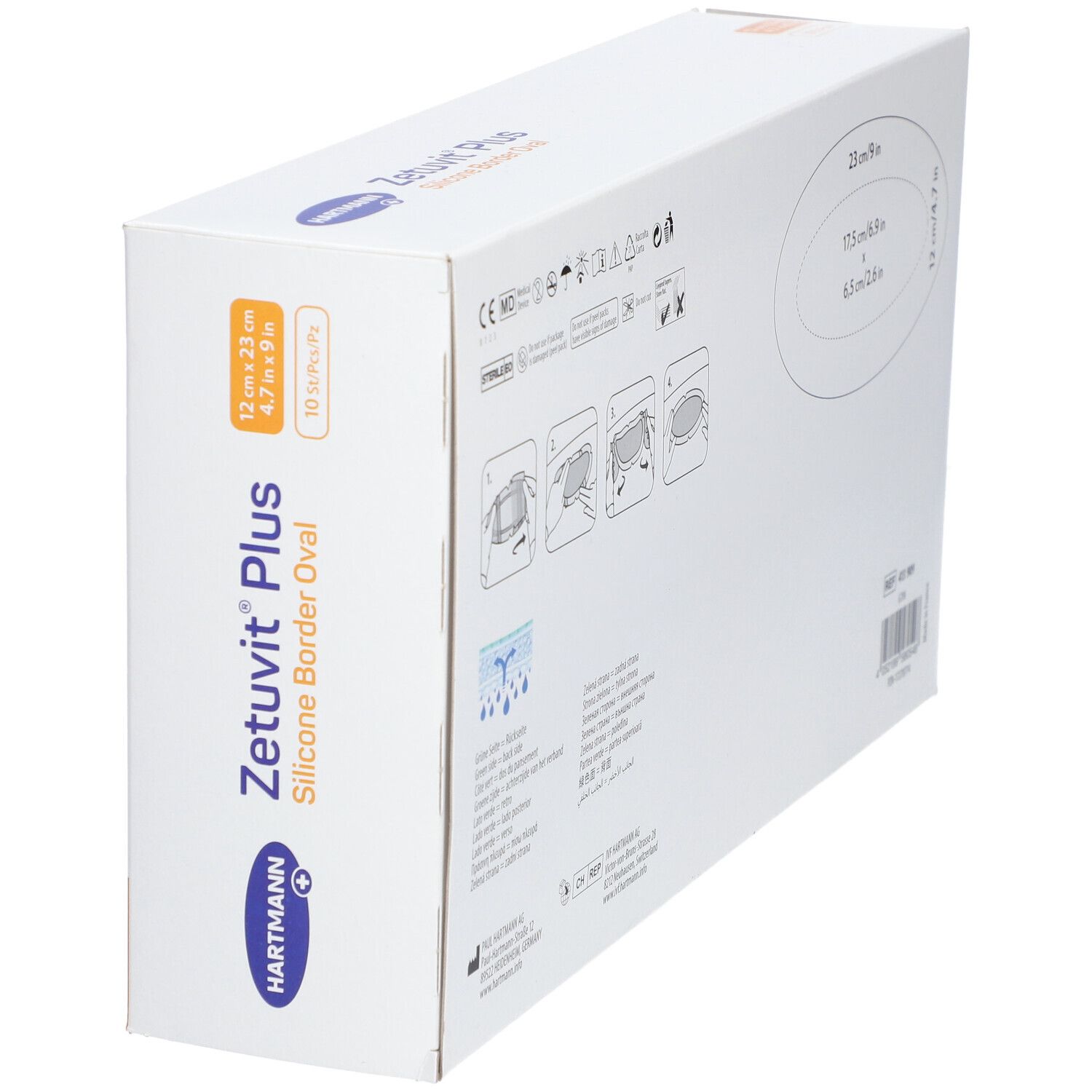 Schrägansicht der Verpackung von Zetuvit® Plus Silicone Border Oval. Enthält 10 Stück. Maße: 12 x 23 cm.