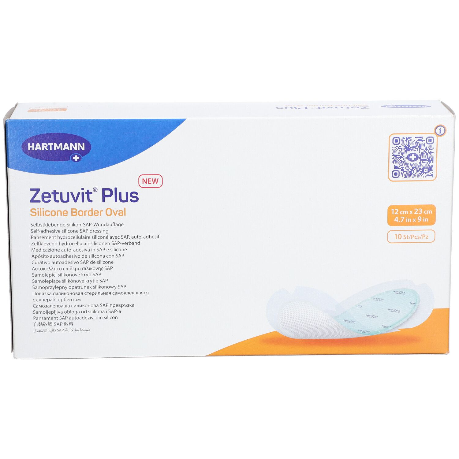 Verpackung von Zetuvit® Plus Silicone Border Oval. Enthält 10 Stück. Maße: 12 x 23 cm. Marke Hartmann.