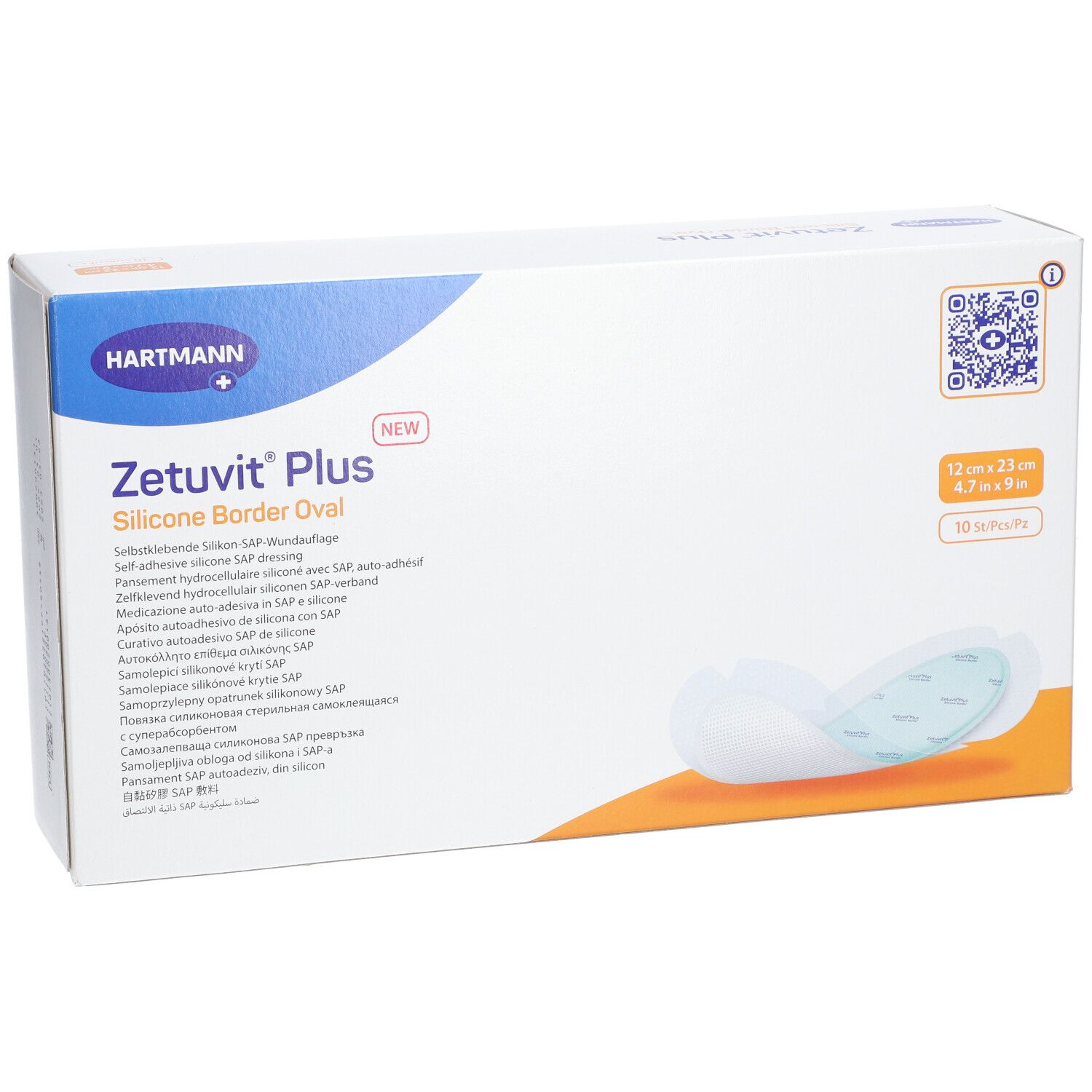 Verpackung von Zetuvit® Plus Silicone Border Oval. Enthält 10 Stück. Maße: 12 x 23 cm. Marke Hartmann.