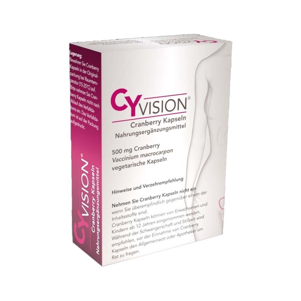 CYVISION Cranberry Kapseln. Weiße Schachtel mit rosa Akzenten. Enthält 500 mg Cranberry. Vegetarische Kapseln.