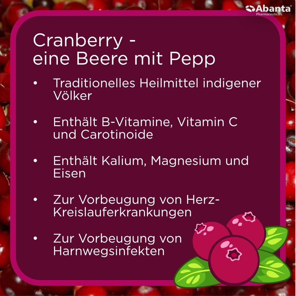 Infografik mit Cranberrys. Enthält Informationen über Inhaltsstoffe und Vorteile. Rote Beeren mit Blättern.