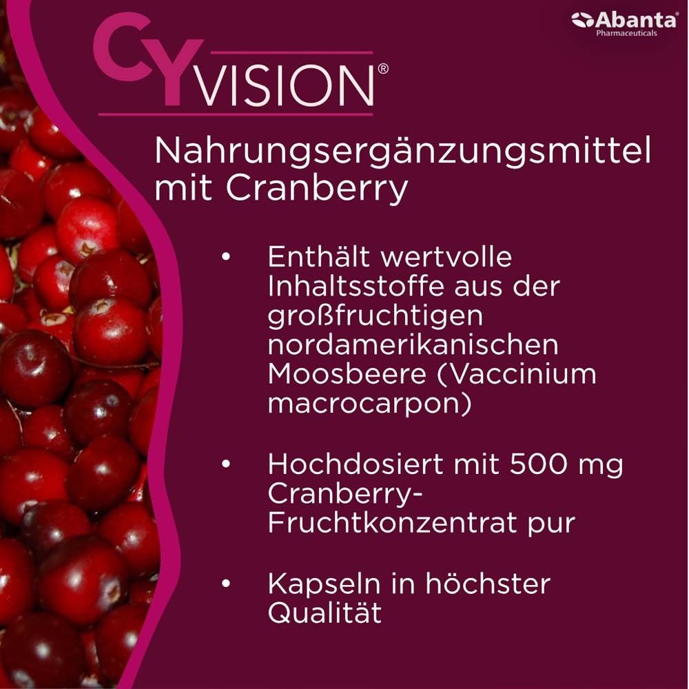 Infografik mit CYVISION Cranberry. Enthält Informationen über Inhaltsstoffe und Qualität. Rote Beeren.