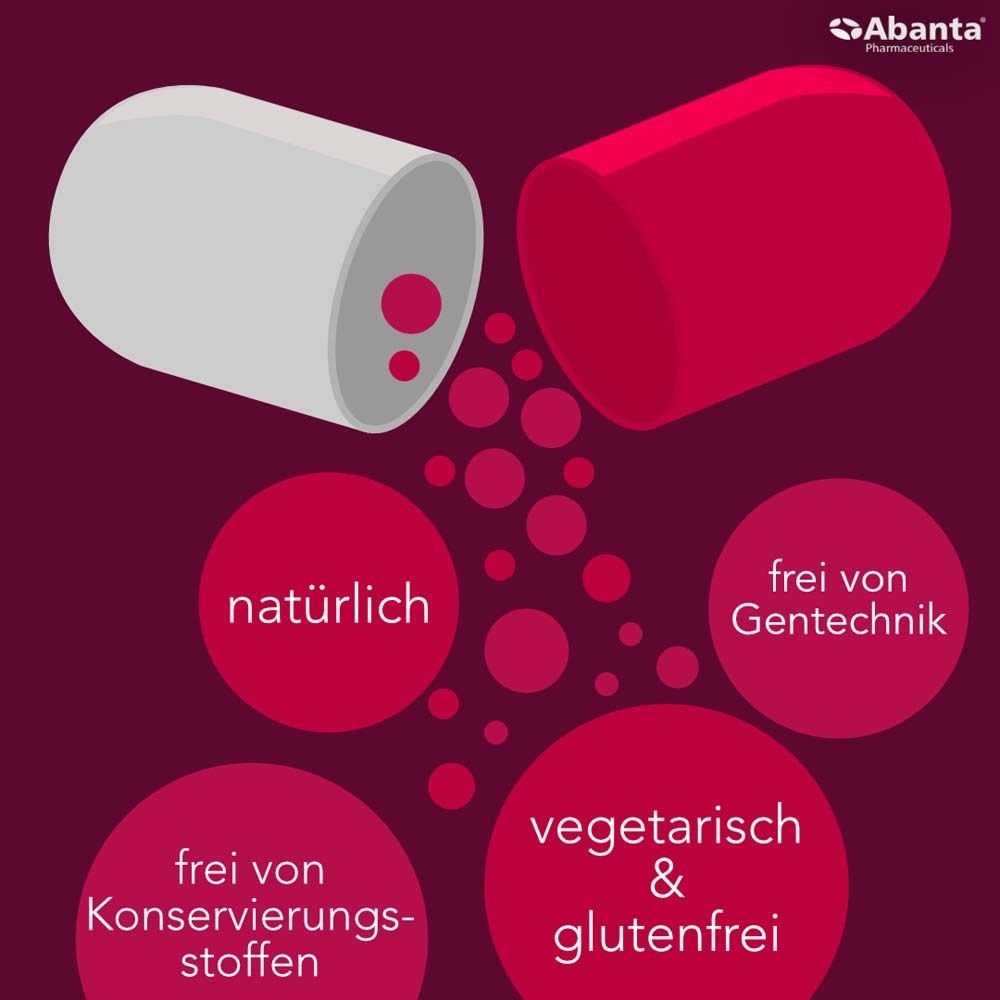 Kapsel, geöffnet. Enthält Informationen über Inhaltsstoffe. Frei von Gentechnik, Konservierungsstoffen, vegetarisch und glutenfrei.