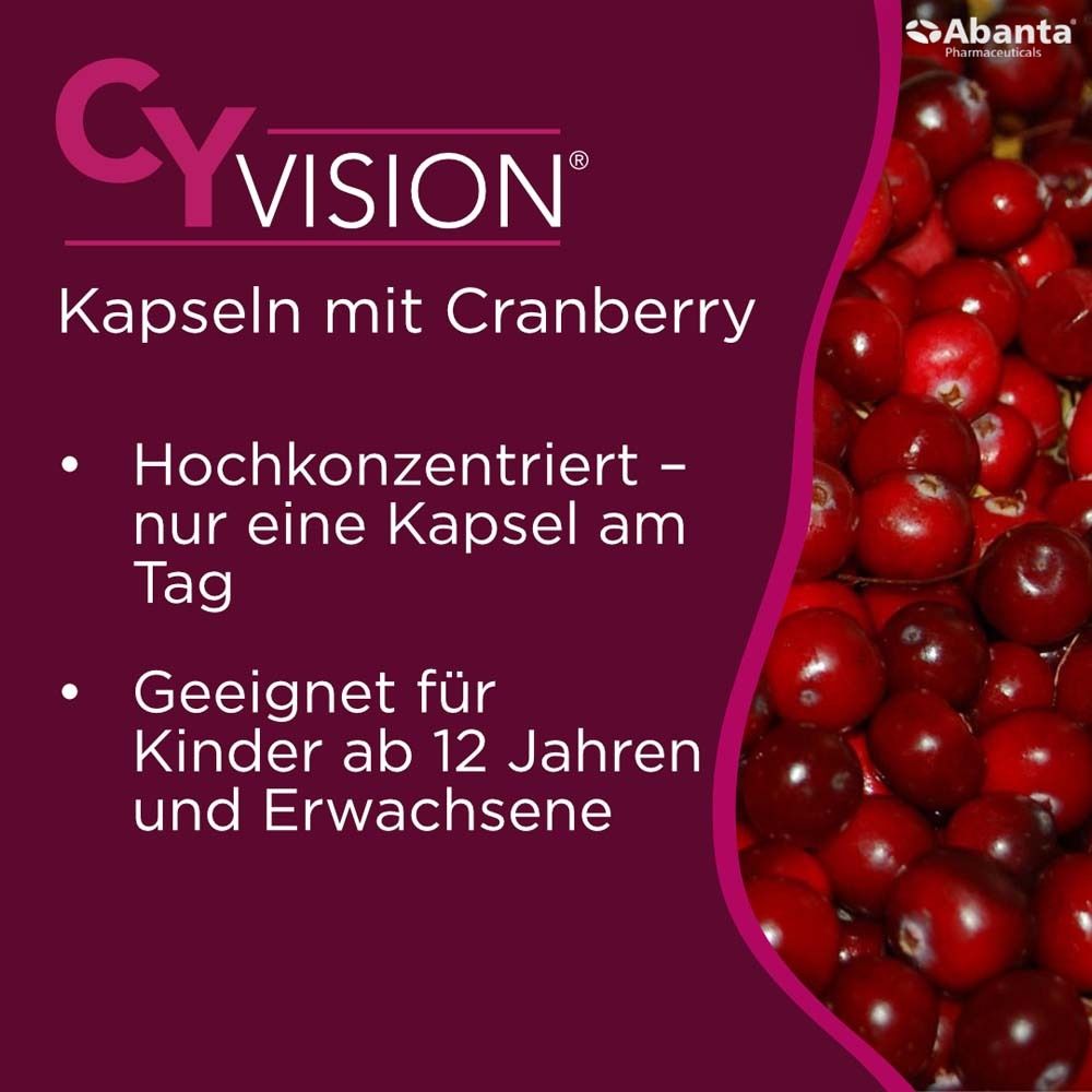 Infografik mit CYVISION Cranberry Kapseln. Informationen zur Dosierung. Geeignet für Kinder ab 12 Jahren und Erwachsene.