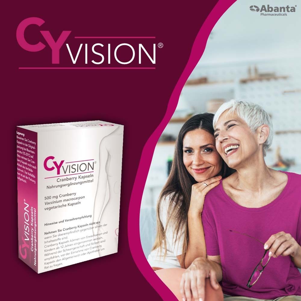 CYVISION Cranberry Kapseln Packung. Zwei Frauen lächeln. Produkt neben Personen.