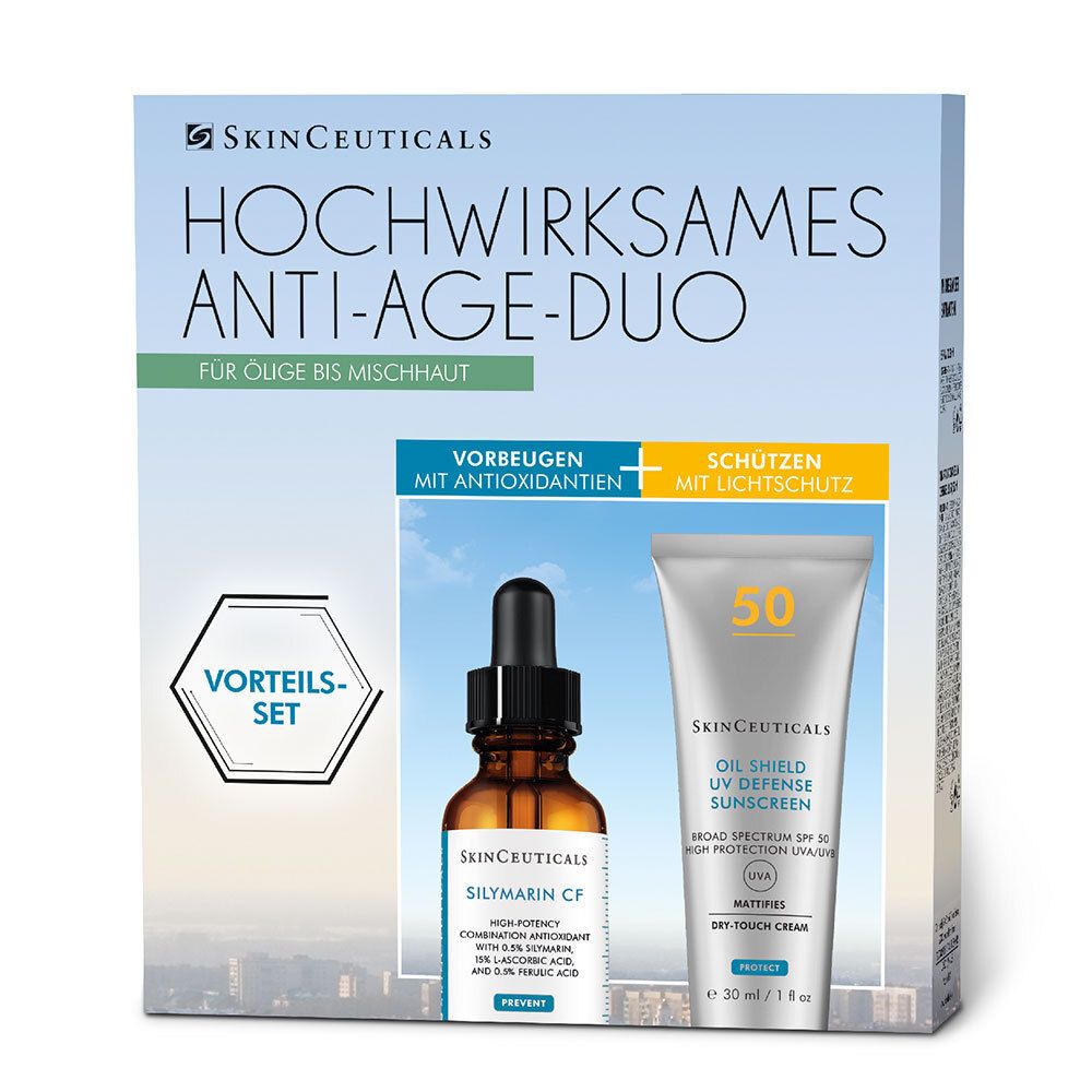Skinceuticals Anti-Age Duo. Set mit Serum und Sonnencreme. Braune Flasche, weiße Tube. Verpackung mit Logo und Produktnamen.