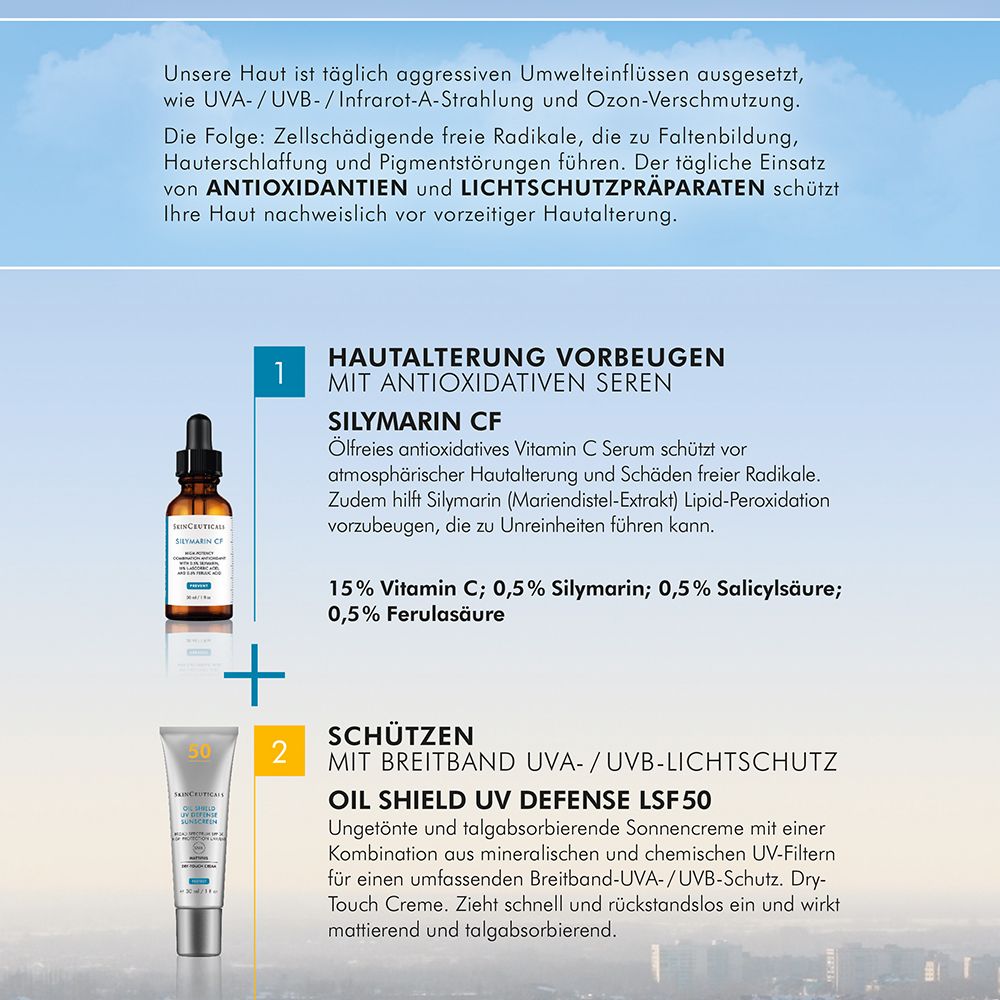 Infografik: Hautalterung vorbeugen mit Antioxidantien und schützen mit Lichtschutz. Produkte: Serum und Sonnencreme. Text und Logos.
