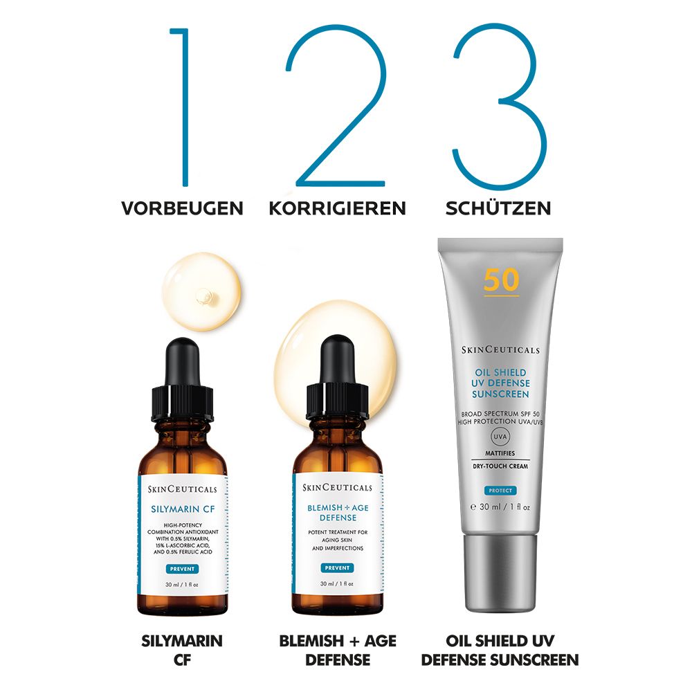 Drei Produkte: Serum, Serum und Sonnencreme. Beschriftung: Vorbeugen, Korrigieren, Schützen. Logos und Produktnamen.