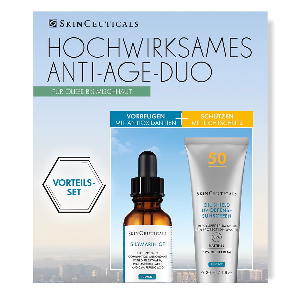 Skinceuticals Anti-Age Duo. Set mit Serum und Sonnencreme. Braune Flasche, weiße Tube. Verpackung mit Logo und Produktnamen.