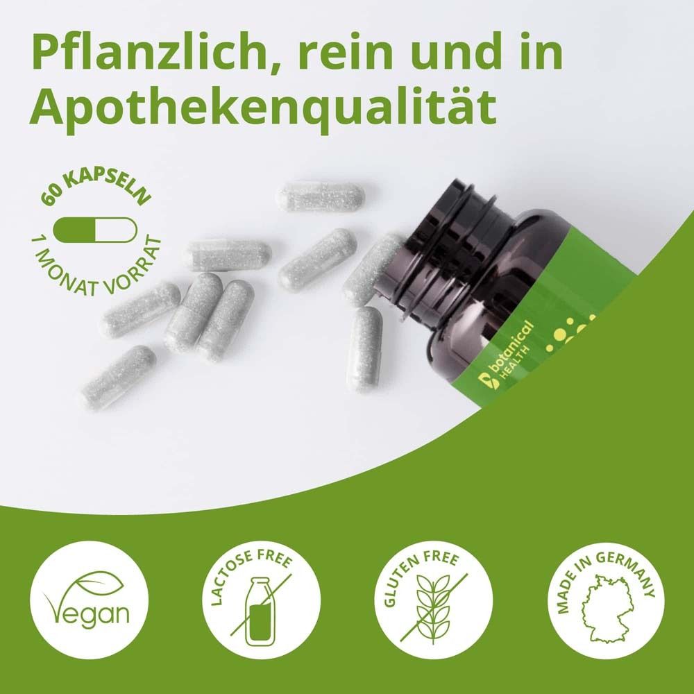 Flasche mit Kapseln. Text: 60 Kapseln, 1 Monat Vorrat. Vegan, laktosefrei, glutenfrei, Made in Germany.