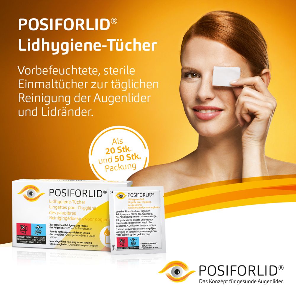 Frau hält ein Einmaltuch vor dem Auge. Verpackung und Einzelpackung POSIFORLID® Lidhygiene-Tücher.