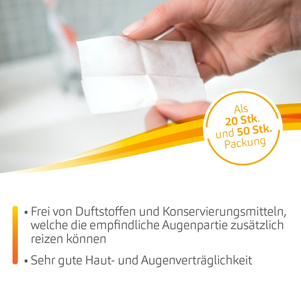 Hand hält ein gefaltetes Einmaltuch. Text: Frei von Duftstoffen und Konservierungsmitteln. Sehr gute Hautverträglichkeit.