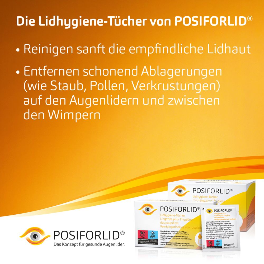 Text auf gelbem Hintergrund: POSIFORLID® Lidhygiene-Tücher. Reinigt sanft die Lidhaut. Entfernt Ablagerungen.