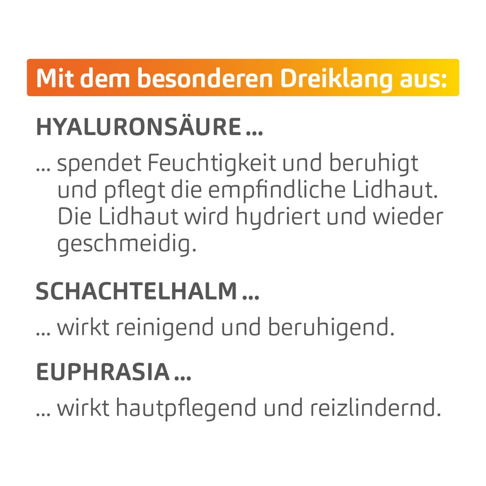 Text auf gelbem Hintergrund: Hyaluronsäure, Schachtelhalm, Euphrasia. Feuchtigkeit, Reinigung, Pflege, reizlindernd.