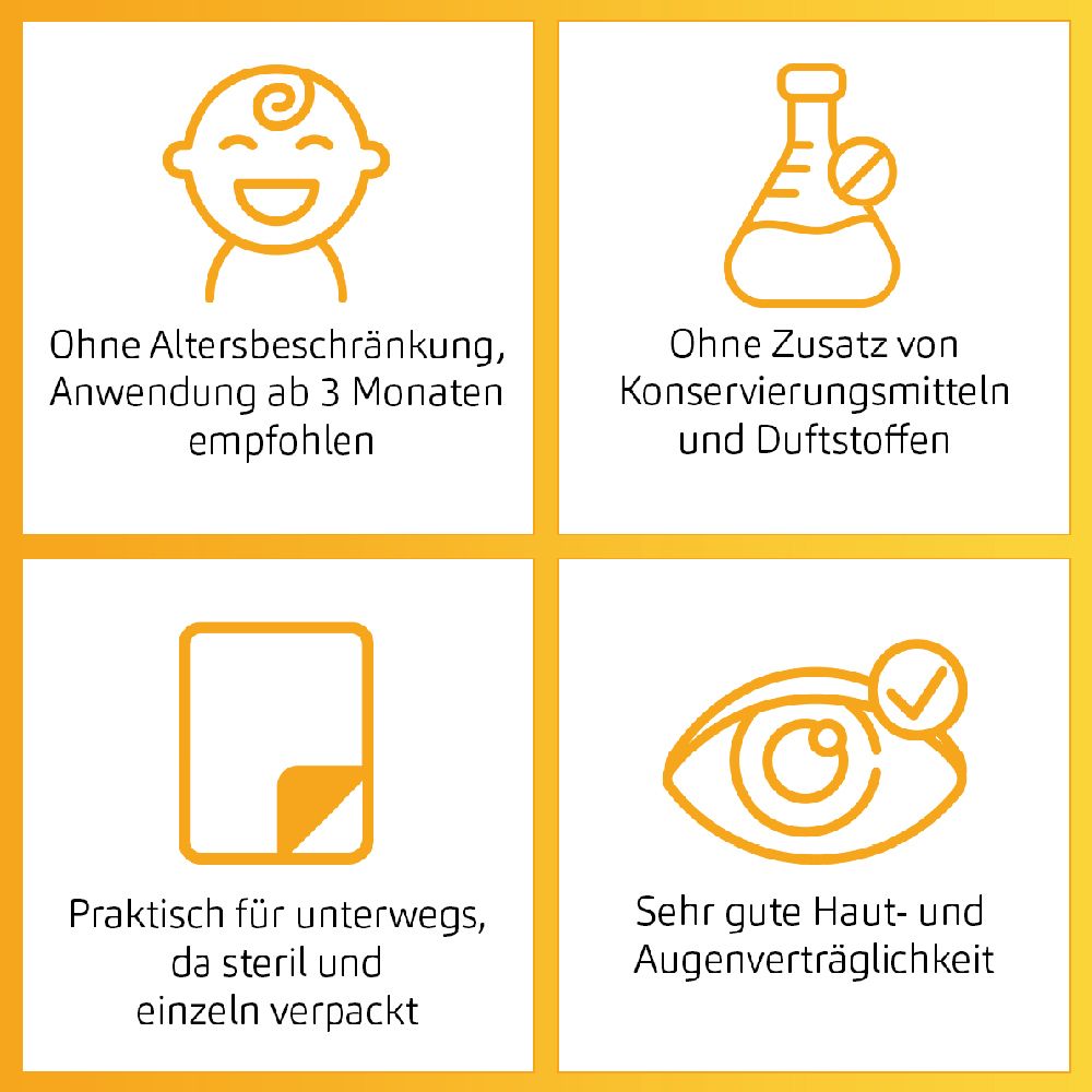 Vier Icons: Keine Altersbeschränkung, ohne Konservierungsstoffe, einzeln verpackt, gute Hautverträglichkeit.