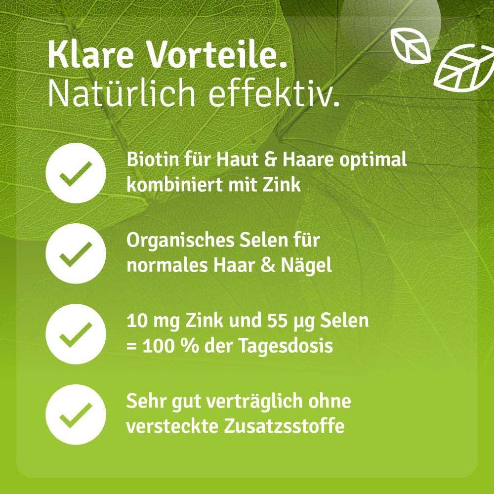 Text: Klare Vorteile. Biotin für Haut & Haare, Zink, organisches Selen, 10 mg Zink und 55 µg Selen = 100 % der Tagesdosis.