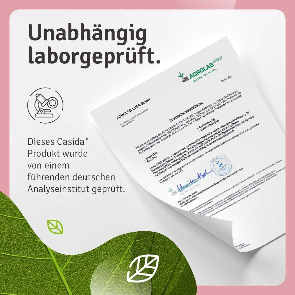 Zertifikat von AGROLAB LUFA GmbH. Text: Dieses Casida Produkt wurde von einem führenden deutschen Analyseinstitut geprüft.
