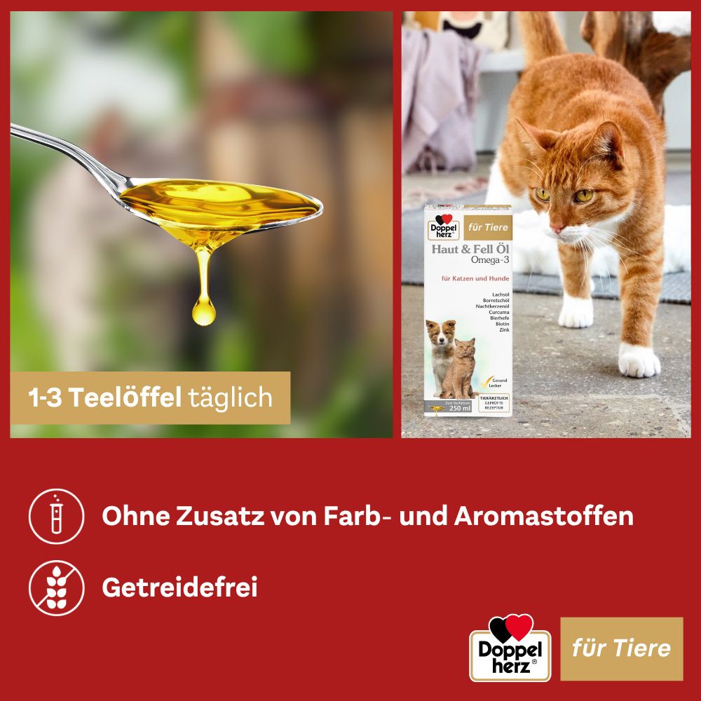 Öl tropft auf Löffel. Text: 1-3 Teelöffel täglich. Ohne Zusatz von Farb- und Aromastoffen. Getreidefrei.