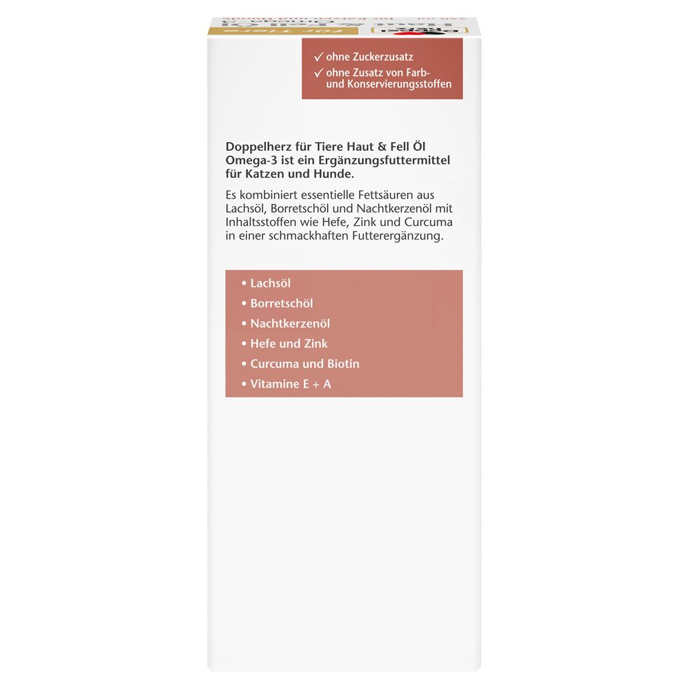 Produktverpackung. Rückseite. Doppelherz für Tiere Haut & Fell Öl Omega-3. Inhaltsstoffe.