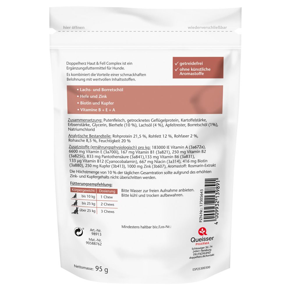 Rückseite der Verpackung von Doppelherz für Tiere Haut & Fell Complex für Hunde. Inhaltsstoffe und Fütterungsempfehlung.
