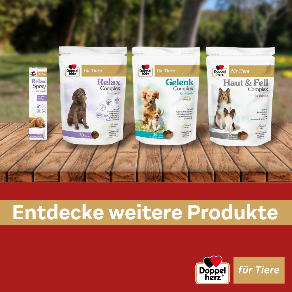 Werbung für weitere Produkte von Doppelherz für Tiere. Gezeigt: Relax Spray, Relax Complex, Gelenk Complex, Haut & Fell Complex.