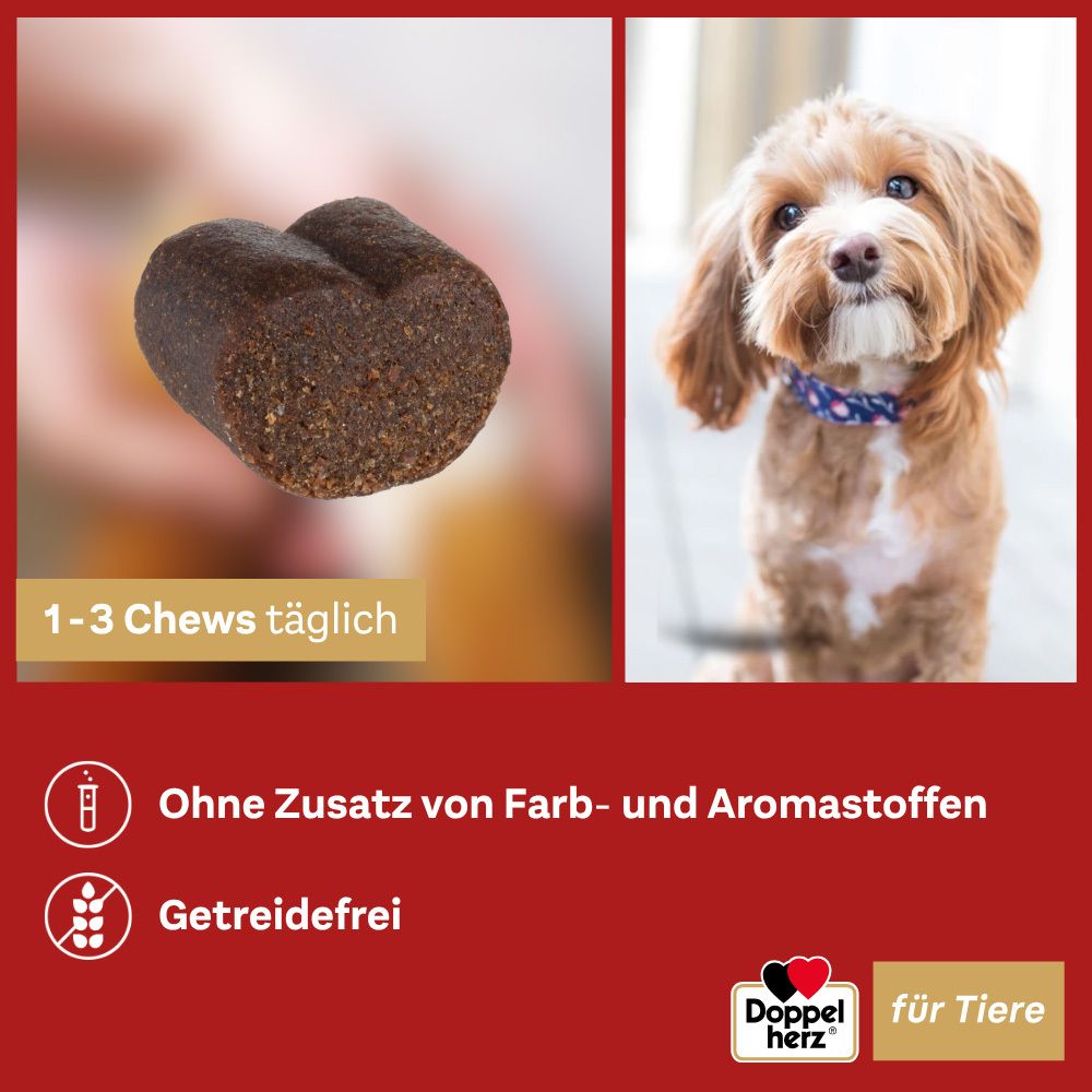 Herzförmige Kautablette neben einem Hund. Text: Ohne Zusatz von Farb- und Aromastoffen. Getreidefrei.