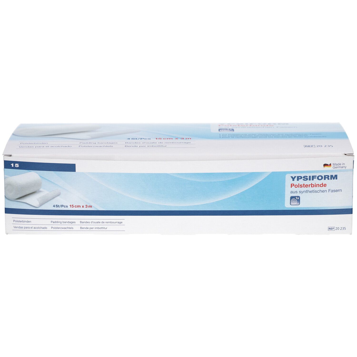 Verpackung mit YPSIFORM Polsterbinde. Aufschrift: 15 cm x 3 m. Produktabbildung links.