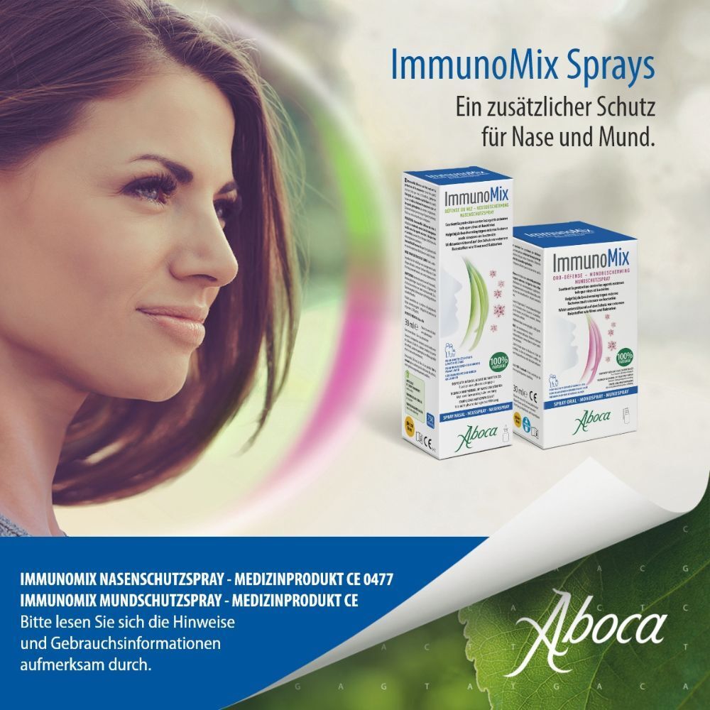 Werbung mit Frau und zwei ImmunoMix-Nasenschutz Spray-Packungen. Aboca-Logo unten rechts.