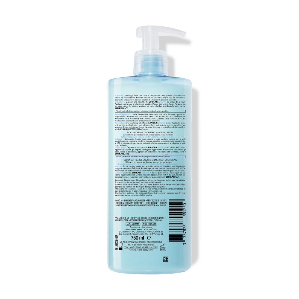 Rückseite der La Roche-Posay Lipikar Surgras Flasche. Text in mehreren Sprachen. 750 ml.
