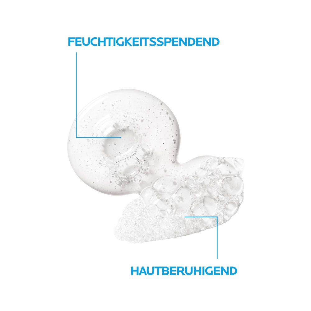 Nahaufnahme von Schaum. Text: Feuchtigkeitsspendend, hautberuhigend.