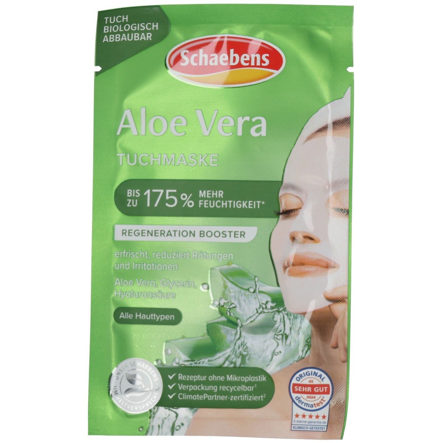 Grüne Verpackung mit Produktnamen und Logo. Aloe Vera Tuchmaske. Frau mit Maske. Text: Bis zu 175% mehr Feuchtigkeit. Zertifizierungen.