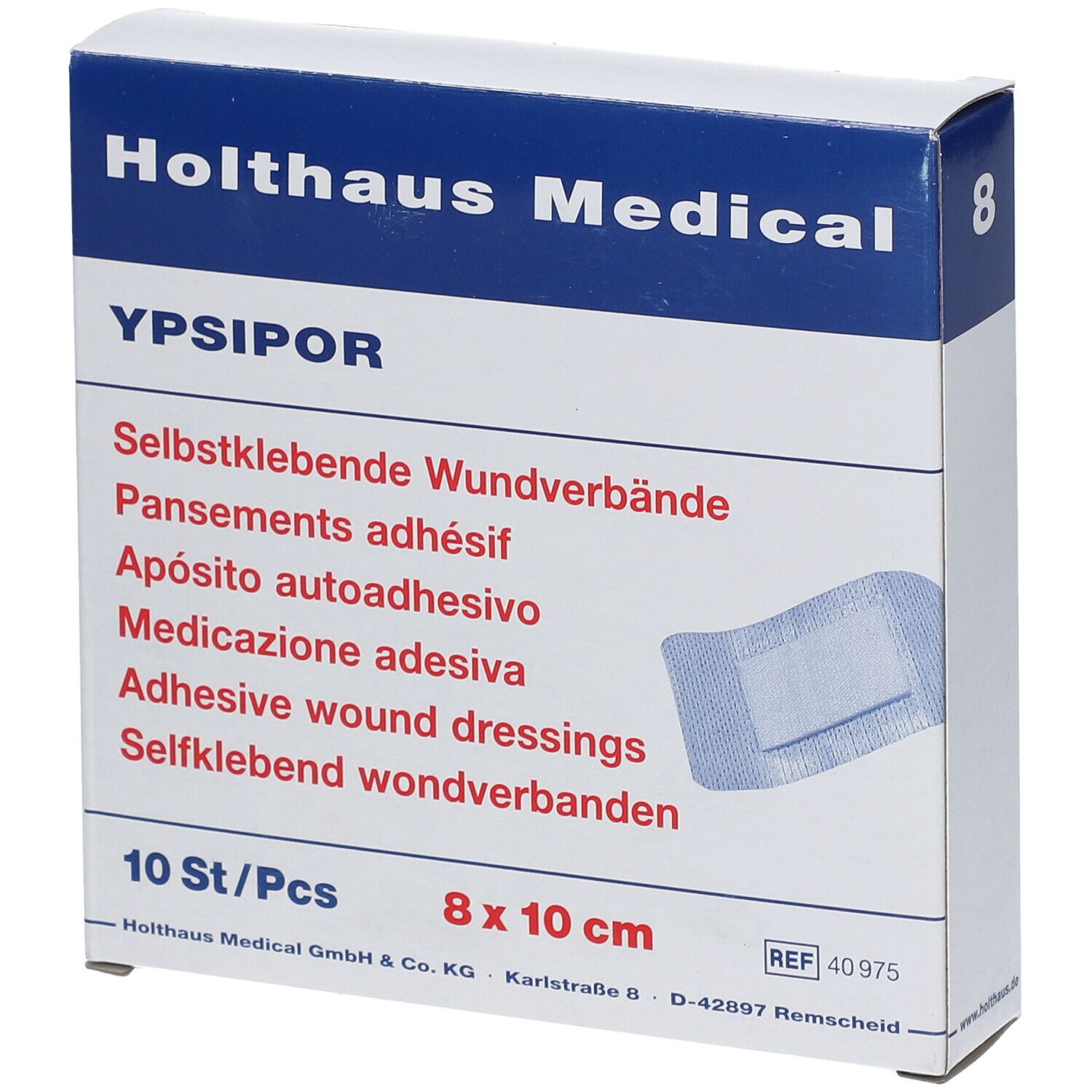Verpackung YPSIPOR selbstklebende Wundverbände, 10 Stück, 8 x 10 cm.