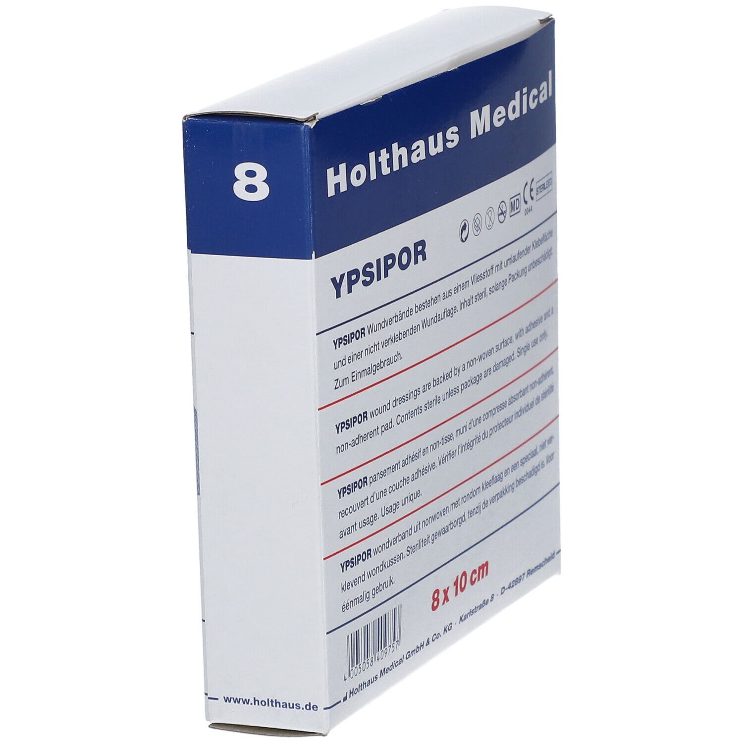 Seitenansicht der Verpackung YPSIPOR selbstklebende Wundverbände, 8 x 10 cm.