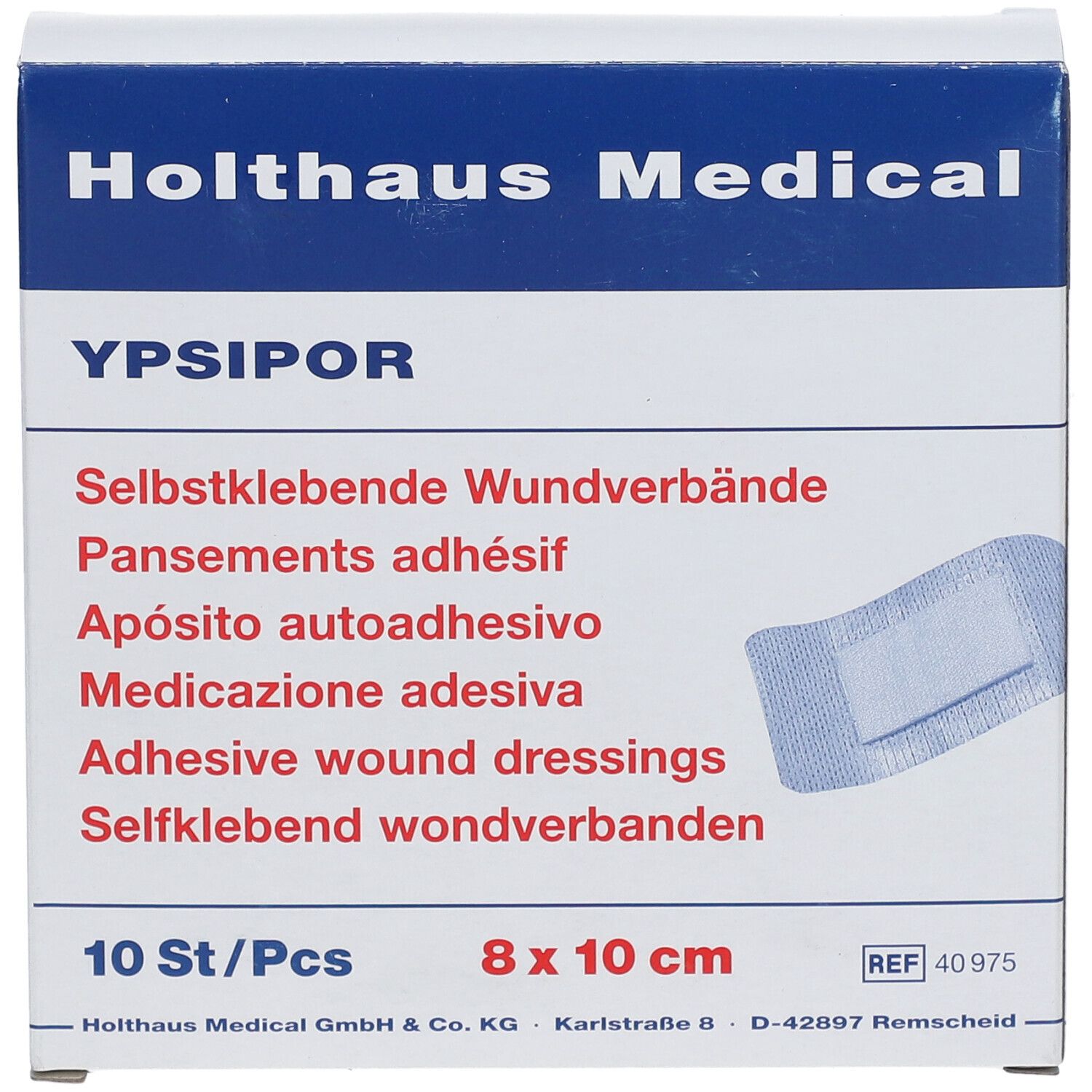 Vorderseite der Verpackung YPSIPOR selbstklebende Wundverbände, 10 Stück, 8 x 10 cm.