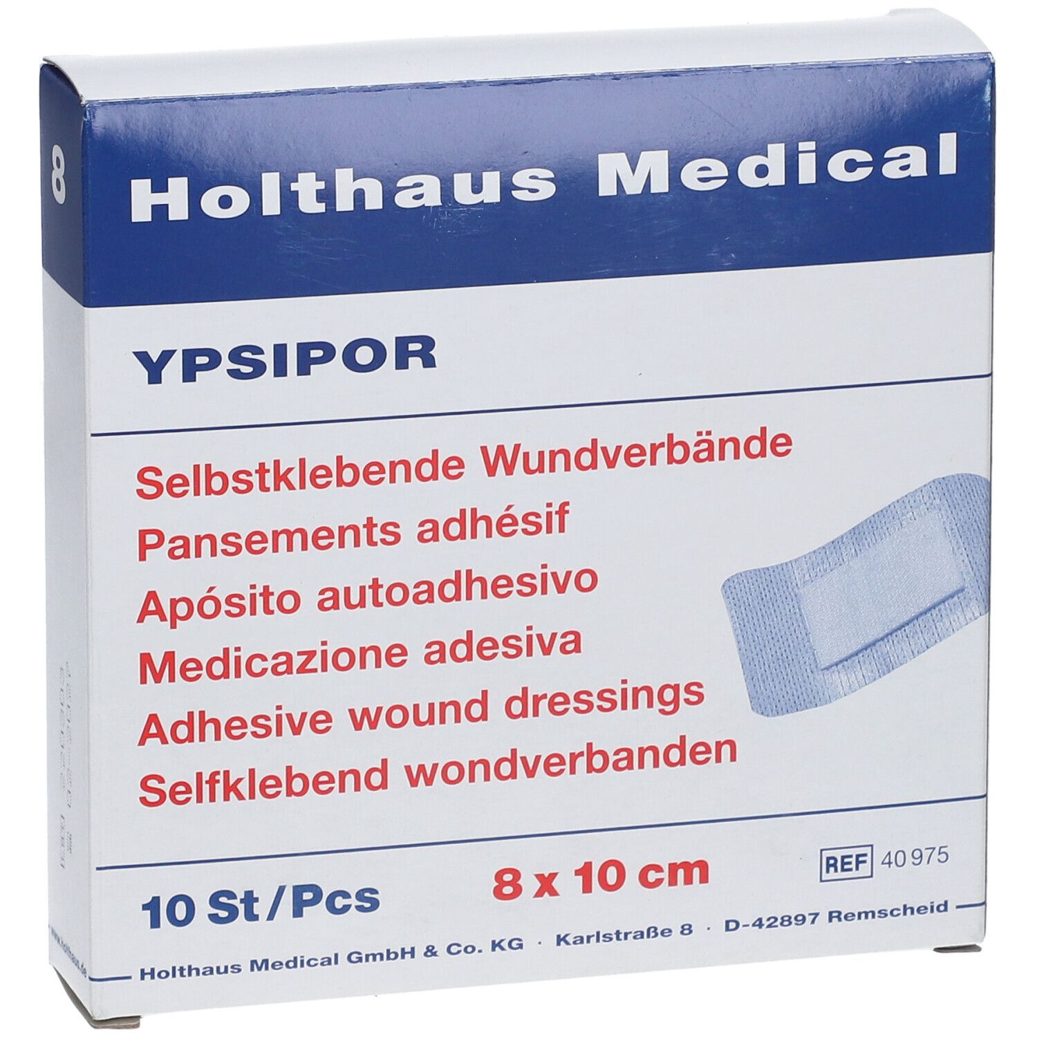 Vorderseite der Verpackung YPSIPOR selbstklebende Wundverbände, 10 Stück, 8 x 10 cm.