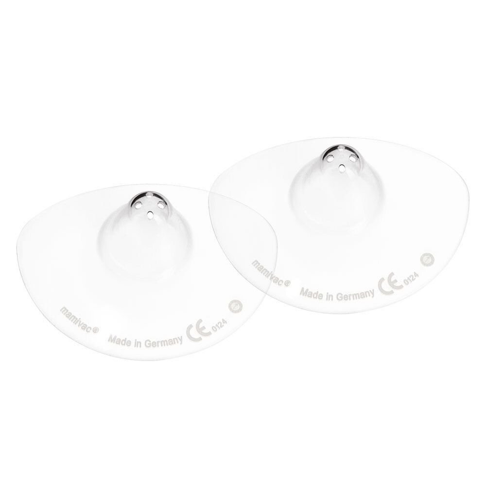 Zwei transparente mamivac® Stillhütchen. Mit Löchern und CE-Kennzeichnung. Hergestellt in Deutschland.