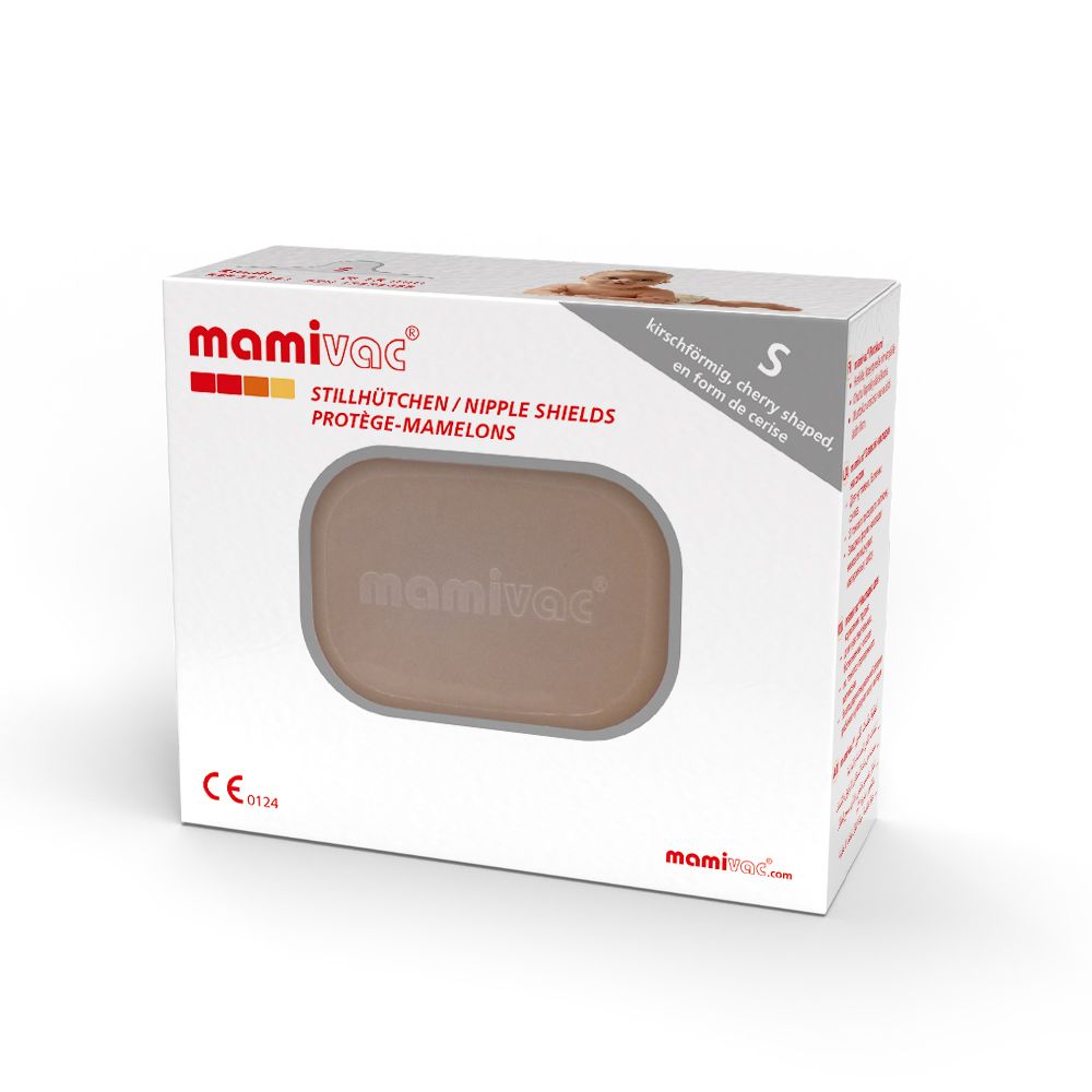 Verpackung mit mamivac® Stillhütchen. Sichtfenster zeigt ein Stillhütchen. Aufdrucke: mamivac, Stillhütchen, Gr. S.