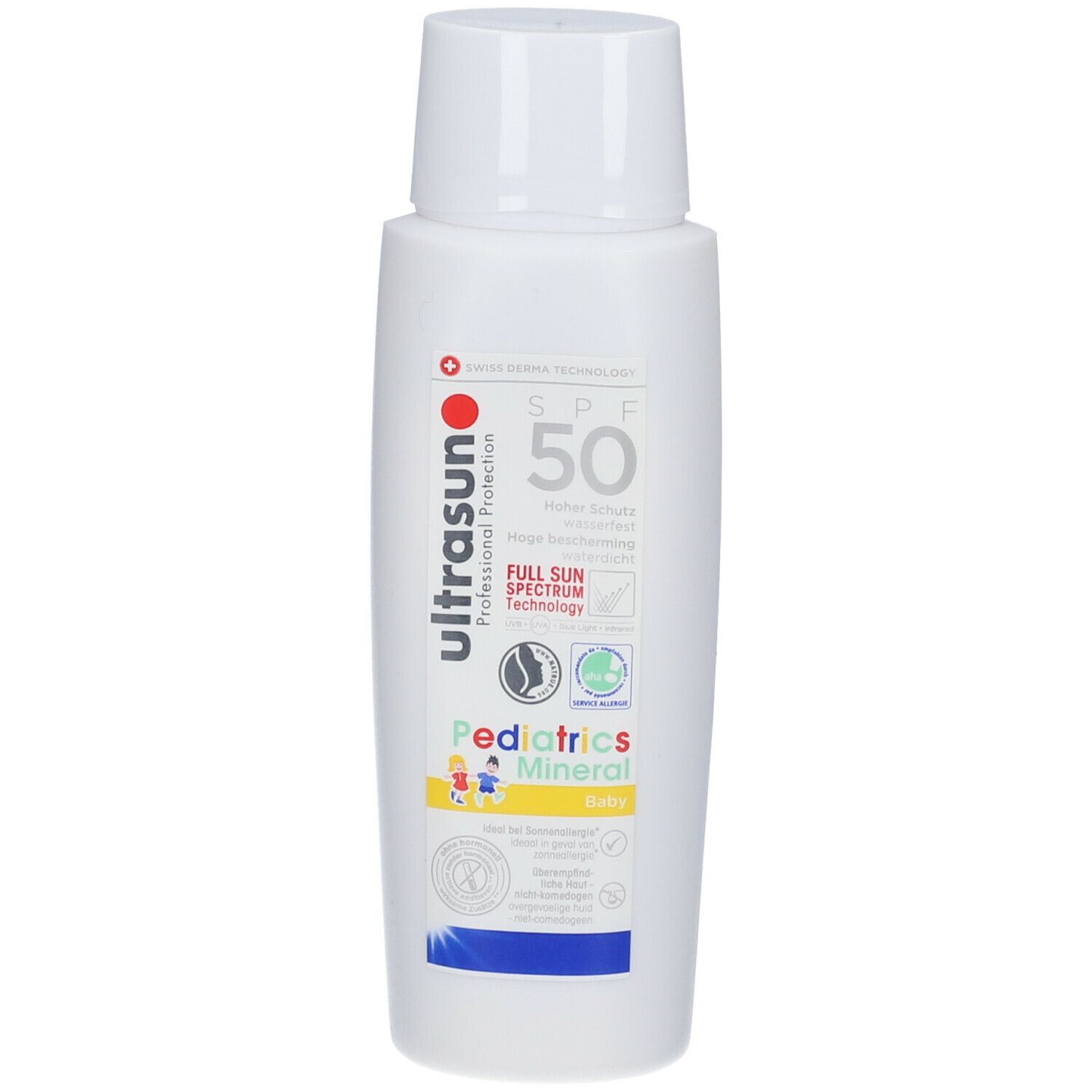 Weiße Flasche mit weißem Deckel. Aufschrift: ultrasun, SPF 50, Pediatrics Mineral. Logo: Schweizer Kreuz.