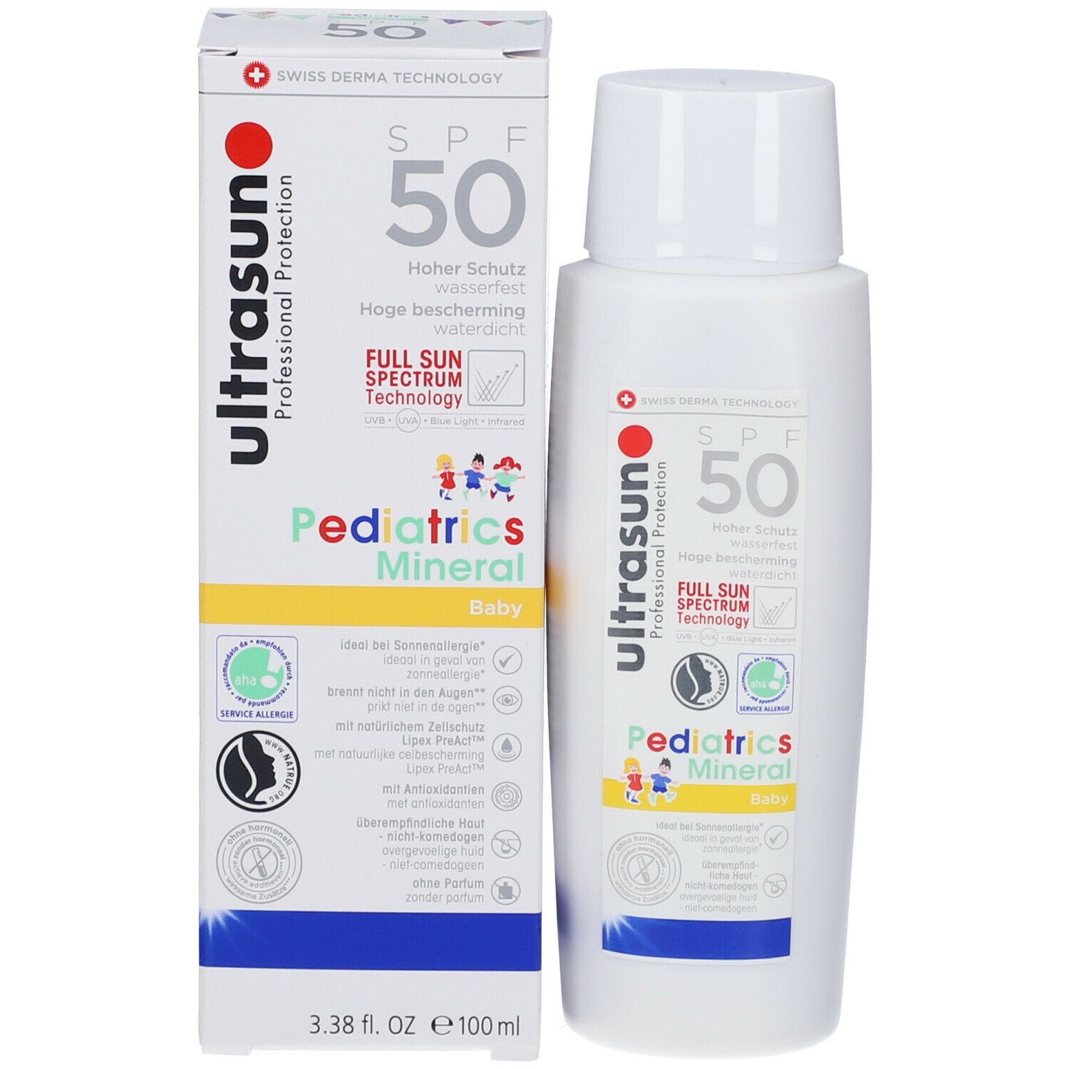 Weiße Verpackung und Flasche. Aufschrift: ultrasun, SPF 50, Pediatrics Mineral. Logos und Informationen.
