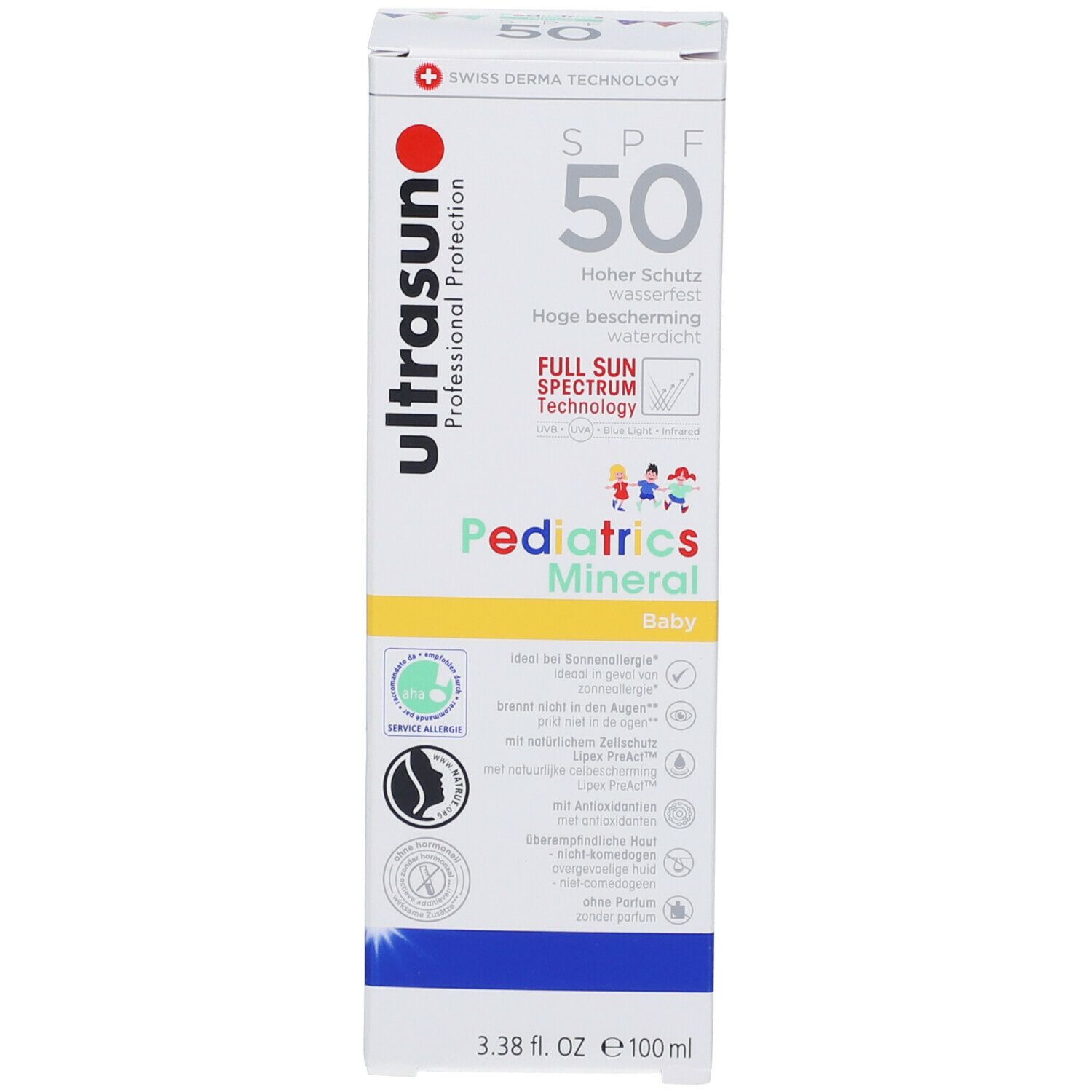 Weiße Verpackung. Aufschrift: ultrasun, SPF 50, Pediatrics Mineral. Logos und Informationen. 3.38 fl. oz. e 100 ml.