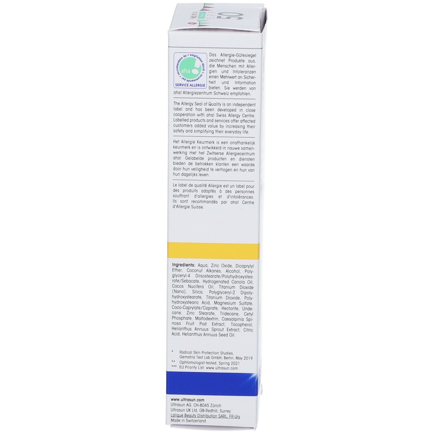 Verpackung mit Text und Logos. Aufschrift: Allergie-Gütezeichen. Inhaltsstoffe.