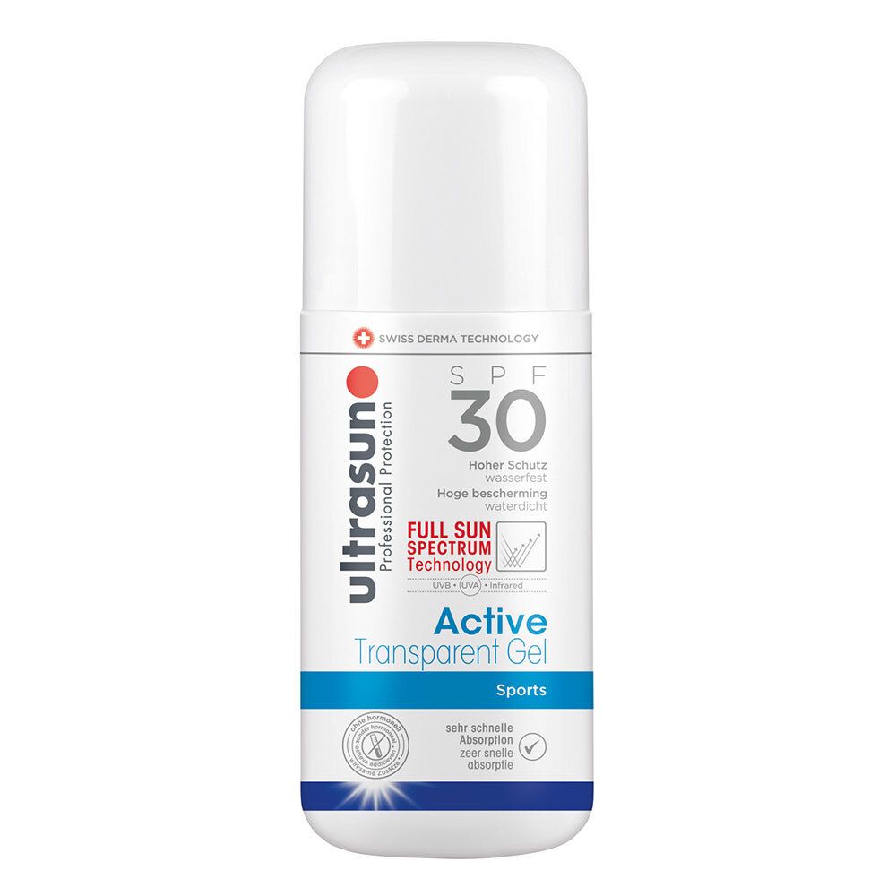 Weiß-blaue Flasche mit ultrasun Active Transparent Gel SPF30. Enthält SPF 30, Full Sun Spectrum Technology und ist wasserfest.
