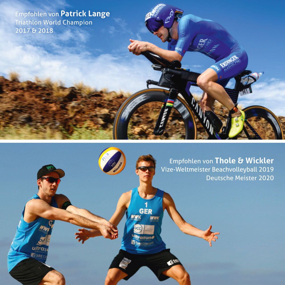 Zwei Sportler in Aktion. Patrick Lange, Triathlon-Weltmeister. Thole & Wickler, Vizeweltmeister Beachvolleyball.
