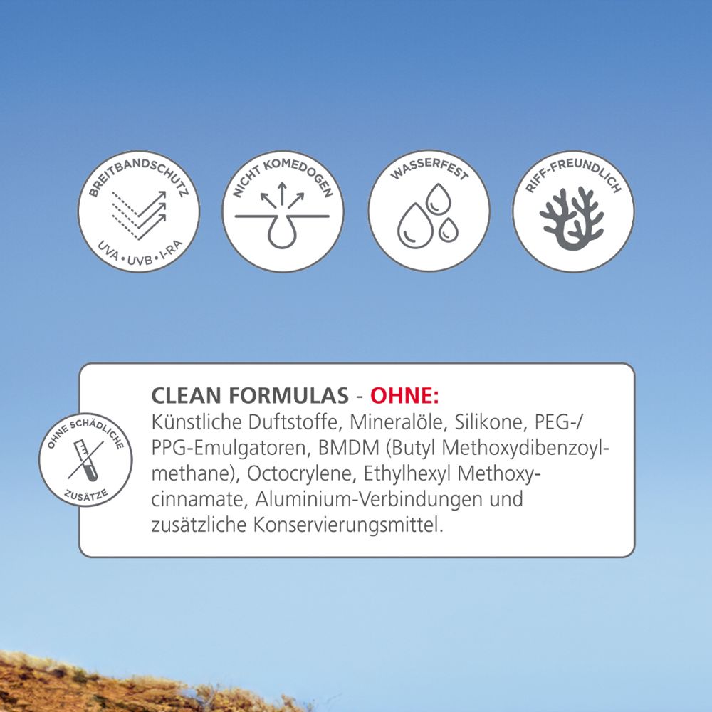 Textfeld mit Informationen zu Inhaltsstoffen und Eigenschaften. Symbole für Breitbandschutz, nicht komedogen, wasserfest, riff-freundlich.