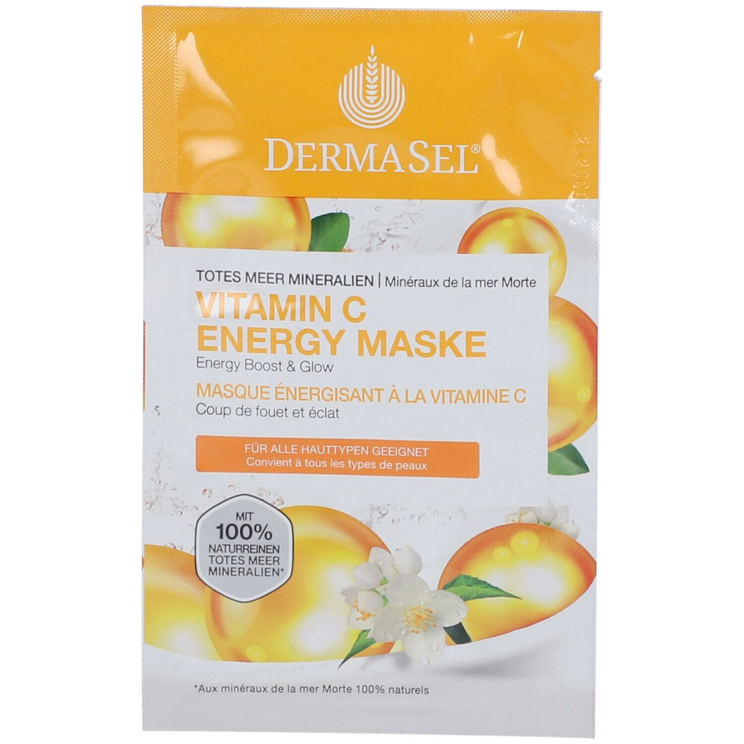 Gelbe Verpackung mit Produktnamen und Illustrationen. Text: Vitamin C Energy Maske, für alle Hauttypen geeignet.