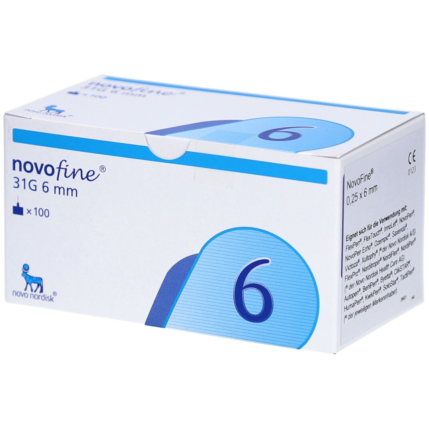 Schachtel NovoFine Injektionsnadeln. Aufschrift: 31G 6 mm x 100. Blaue Ziffer 6. Logo Novo Nordisk.