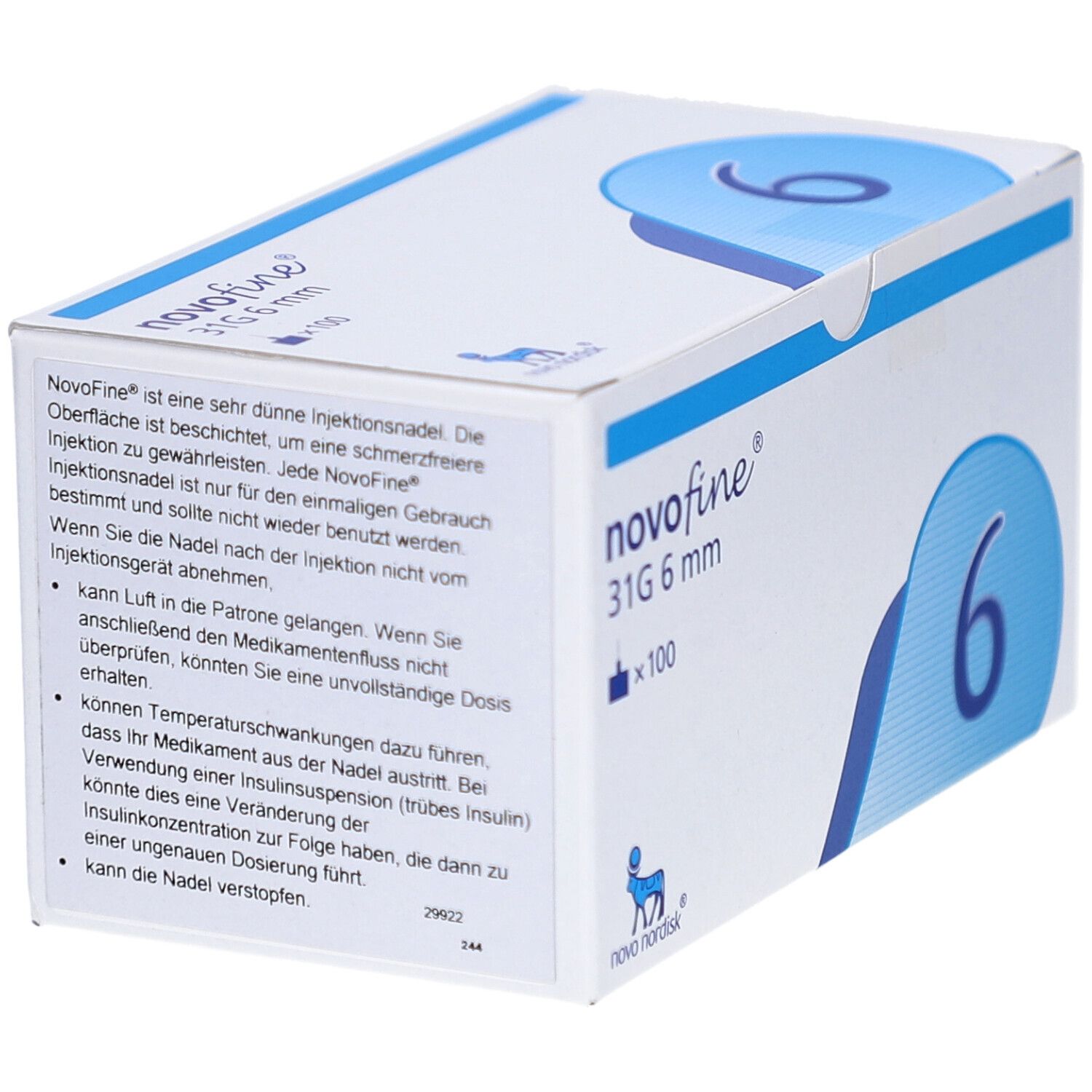 Schachtel NovoFine Injektionsnadeln. Text über die Nadeln. Aufschrift: 31G 6 mm x 100. Blaue Ziffer 6. Logo Novo Nordisk.